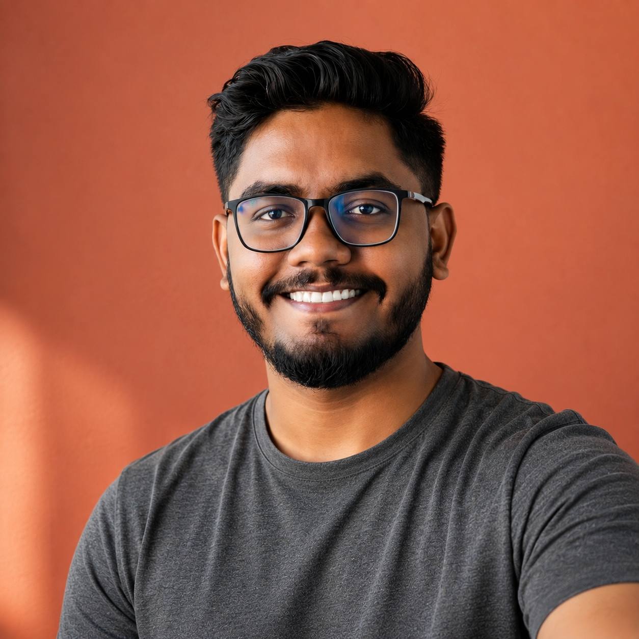 Zahid smiling against a warm orange background